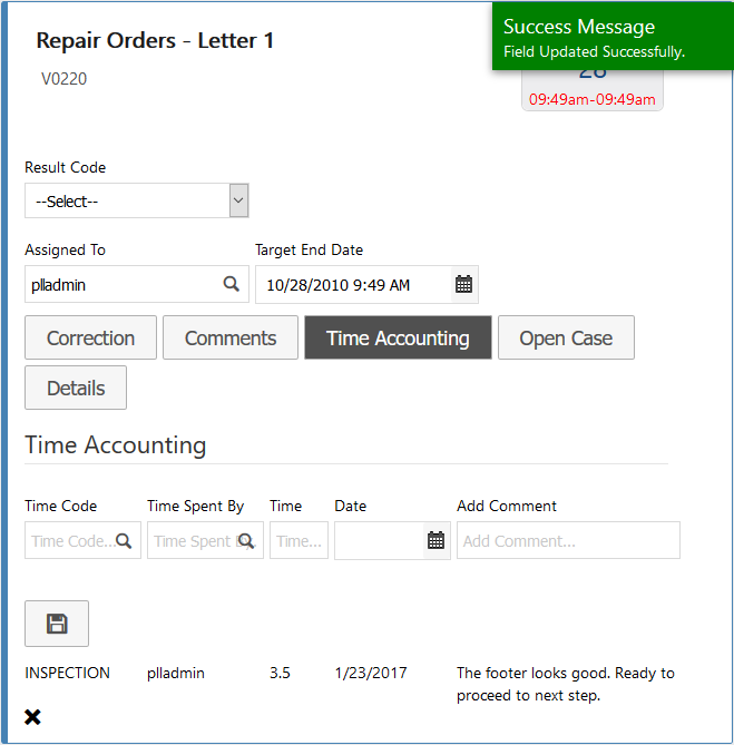 Task Manager Time Accounting Success Message